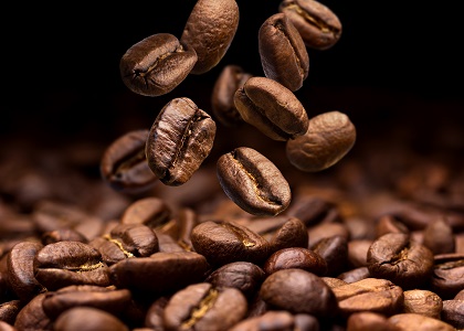 Roasted Coffee Beans Suspended in Mid Air